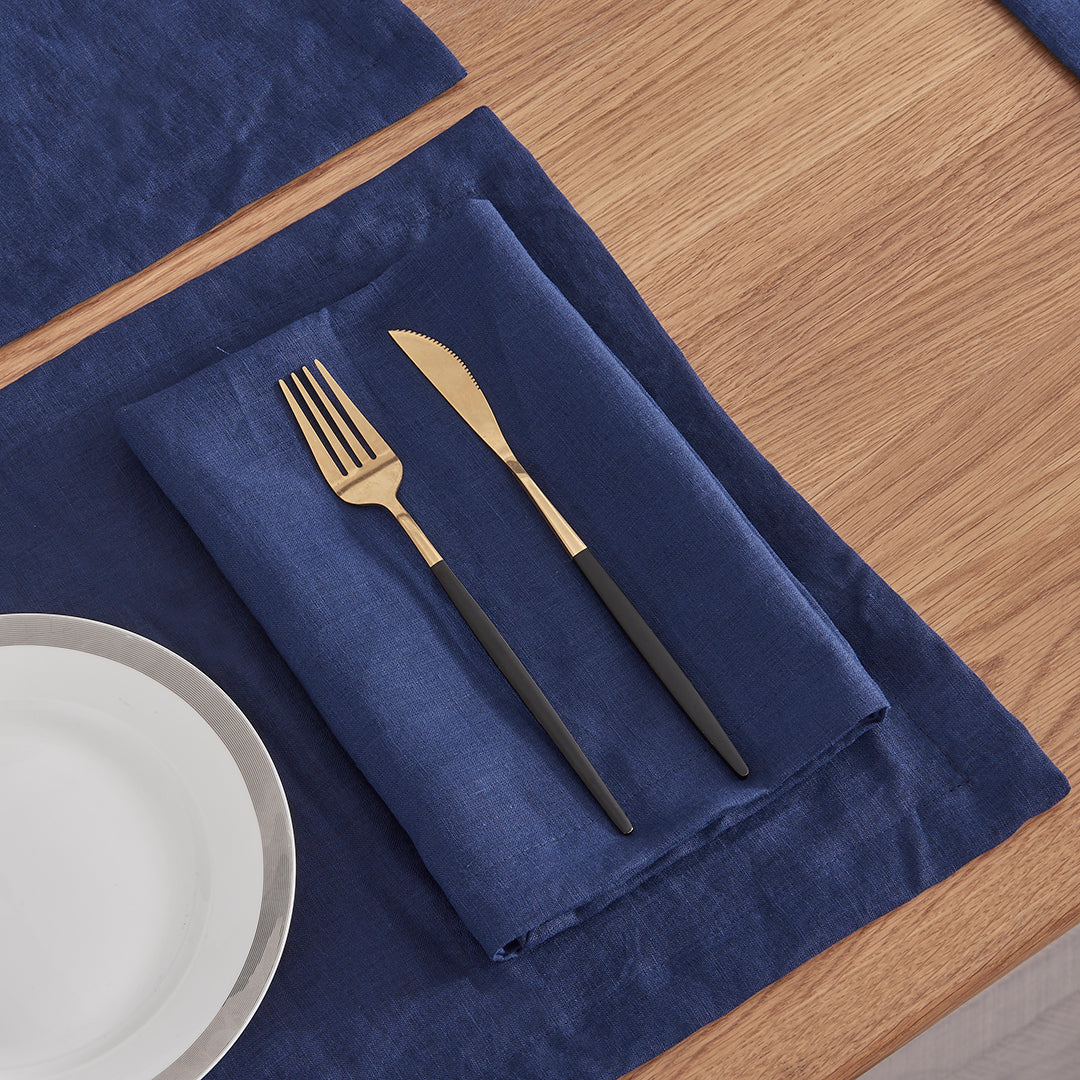 100% Linen Indigo Blue Napkin Folded with Cutlery