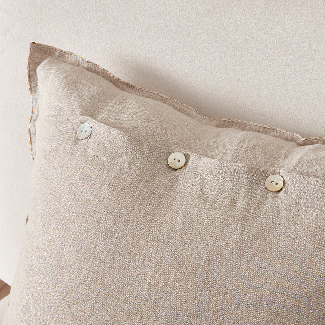 100% Linen Pillow Cushion Cover with Embroidery Edge in Natural with Mother-of-Pearl Buttons