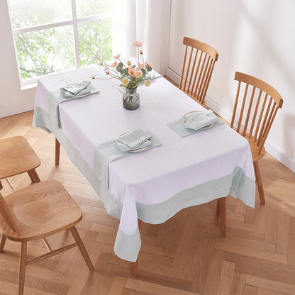Table Set with Pale Blue Bordered White Linen Tablecloth