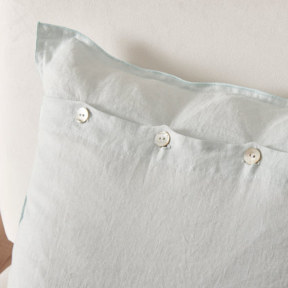 Buttons on Pale Blue Linen Cushion Cover with Embroidered Edge