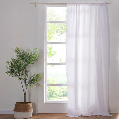 White Linen Curtain with Pale Blue Embroidered Edge