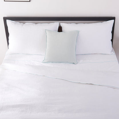 White Linen Bedding with Pale Blue Embroidered Edge