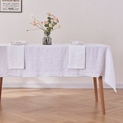 White Linen Tablecloth with Pale Blue Embroidered Edge