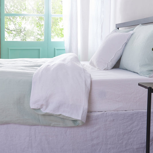 Two Tone Linen Duvet Cover in Pale Blue and White