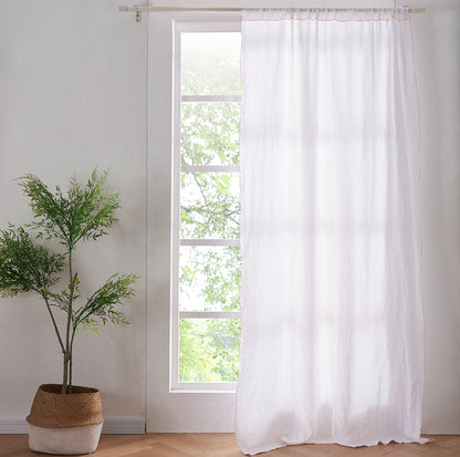 White Linen Curtain with Embroidered Peach Edge