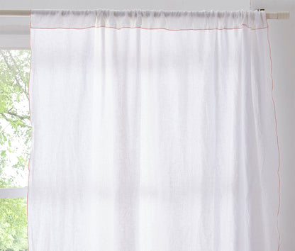 Top of White Linen Curtain with Embroidered Peach Edge