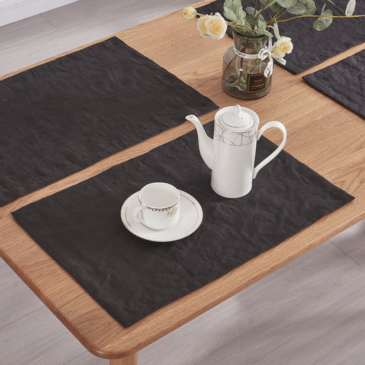 100% Linen Black Placemats on Table with Tea Set