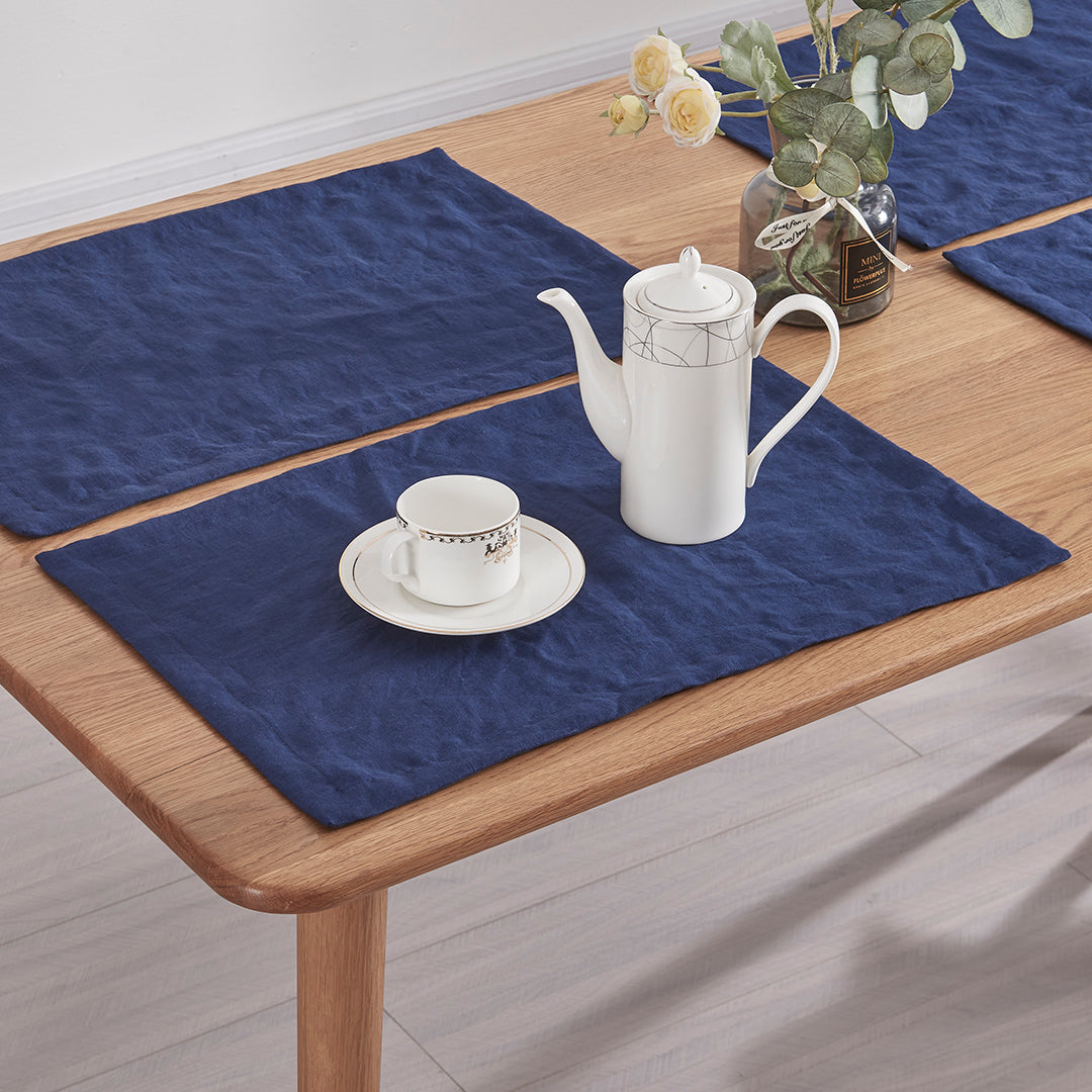 Indigo Blue Linen Placemats on Table with Tea Set
