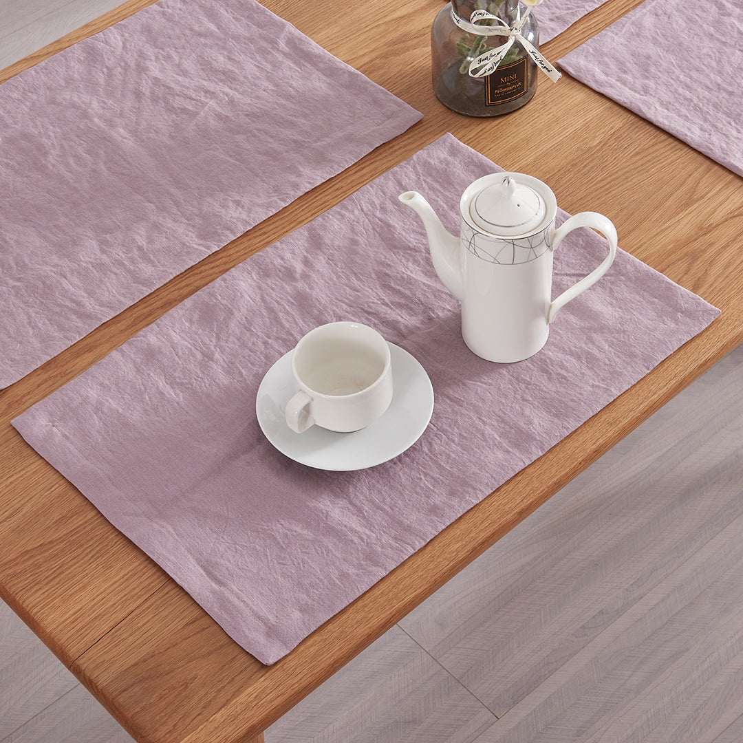 Purple Lilac Linen Placemat with Tea Set on Table