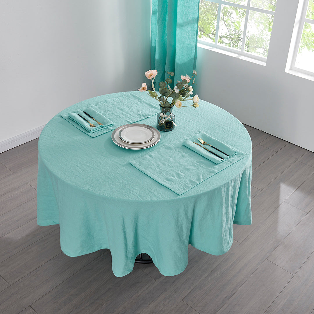 Plain Aqua Green Linen Tablecloth, Round on Table