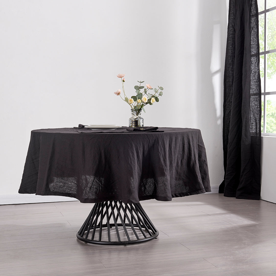 Black Linen Round Tablecloth on Table