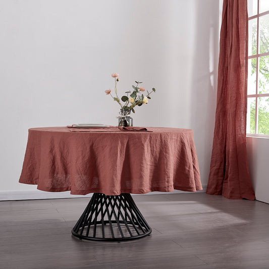 Rust Red Linen Round Tablecloth on Table