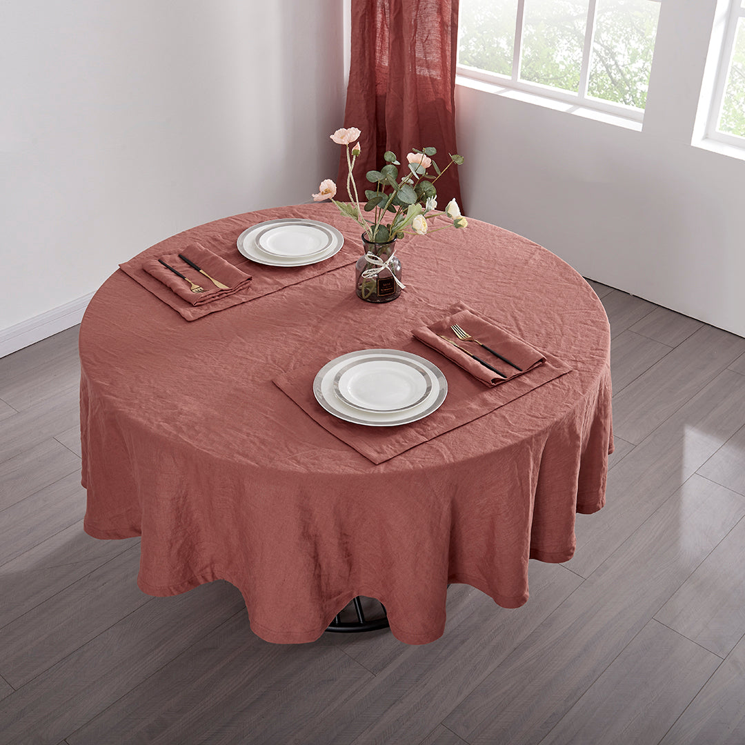 Rust Red Linen Round Tablecloth, Placemats, and Napkins