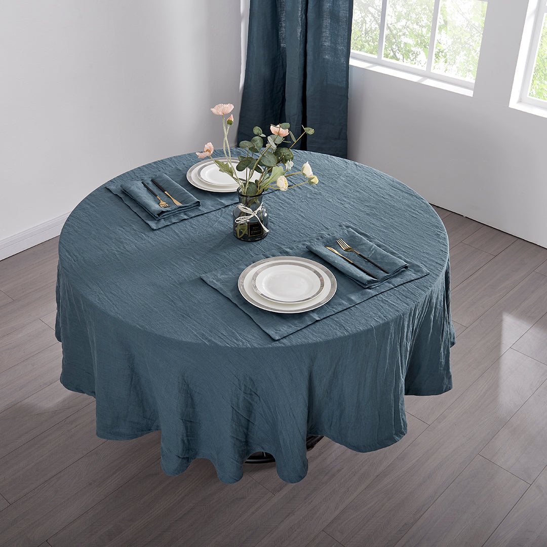 French Blue Round Linen Tablecloth in Dining Room