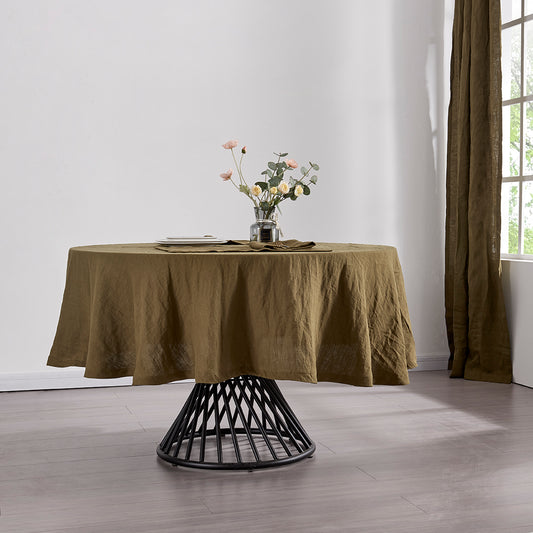Olive Green Linen Round Tablecloth on Table