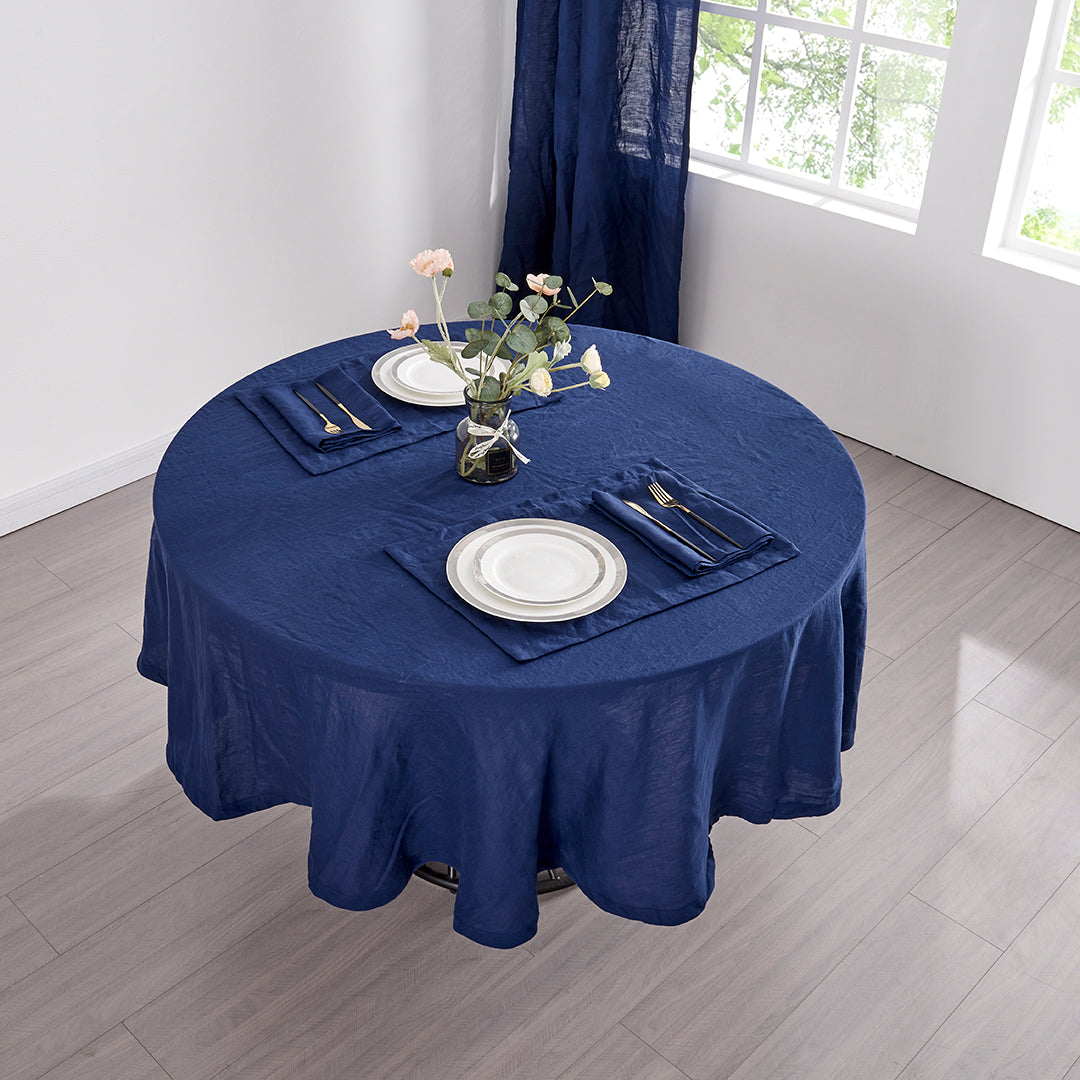 Indigo Blue Round Linen Tablecloth on Table
