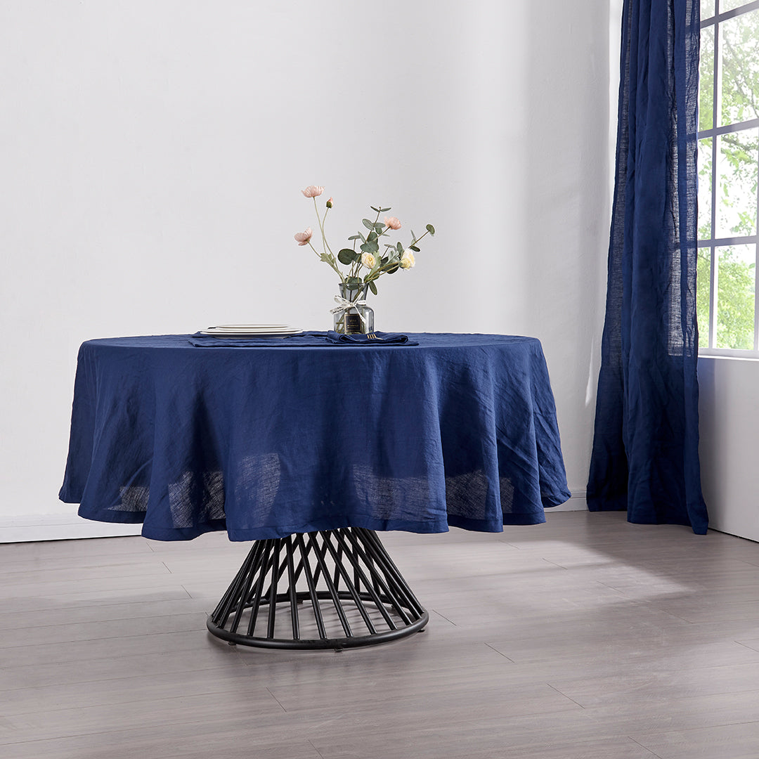 Indigo Blue Linen Round Tablecloth in Dining Room