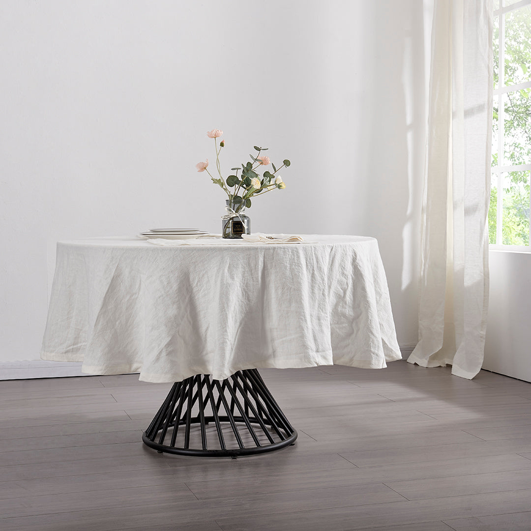 Ivory Linen Round Tablecloth on Dining Table