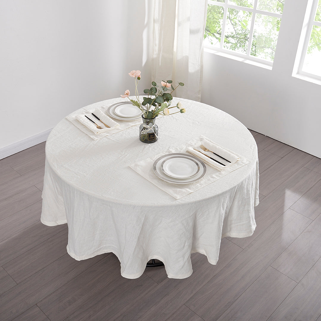 Round Ivory Linen Tablecloth on Table
