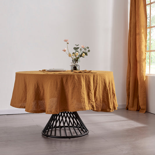 Mustard Yellow Round Linen Tablecloth on Table