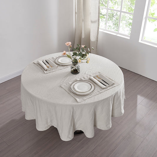 Cool Gray Linen Round Tablecloth on Dining Table
