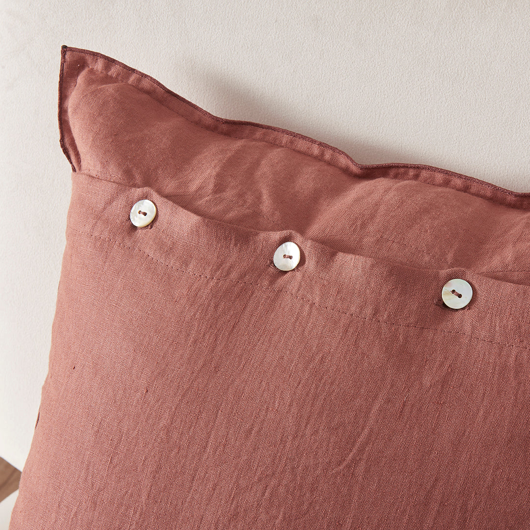 Mother of Pearl Buttons on Rust Red Linen Cushion Cover