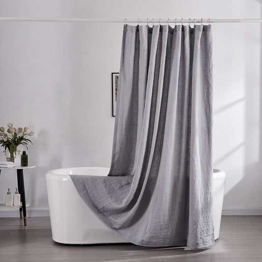 Alloy Gray 100% Linen Shower Curtain Draped Over Bathtub