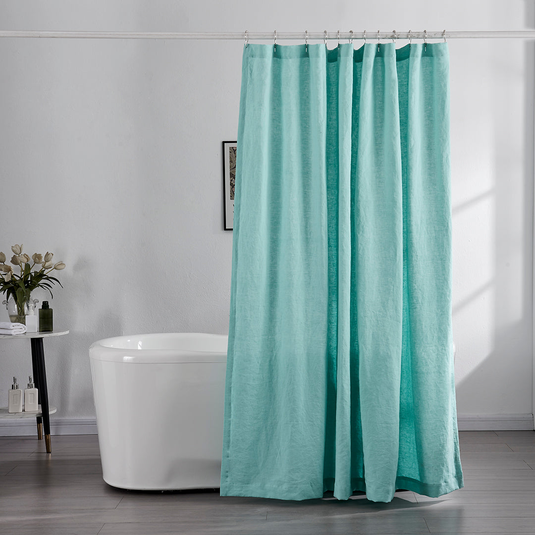 Aqua Green 100% Pure Linen Shower Curtain in Bathroom