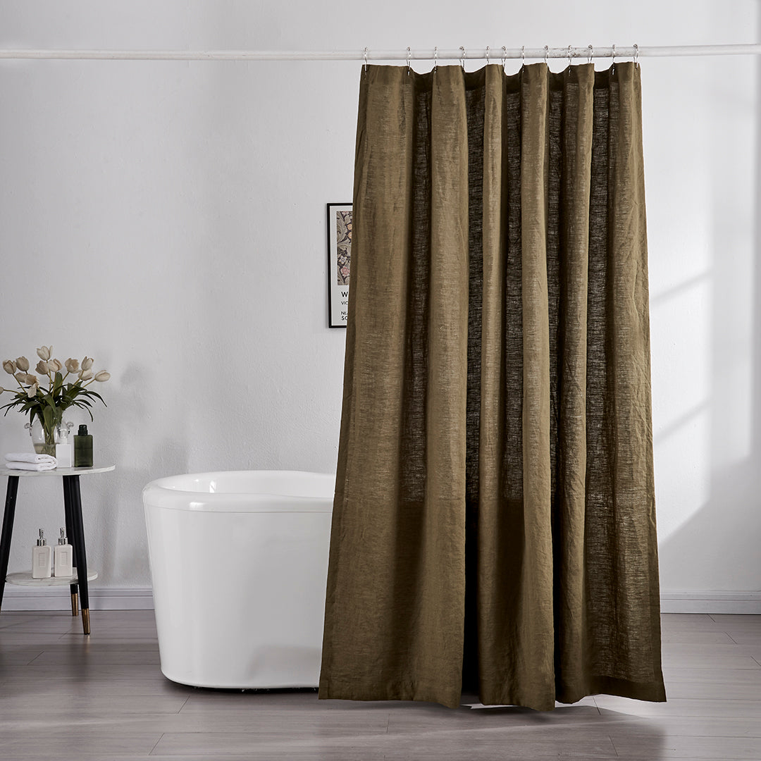 Linen Olive Green Shower Curtain in Bathroom