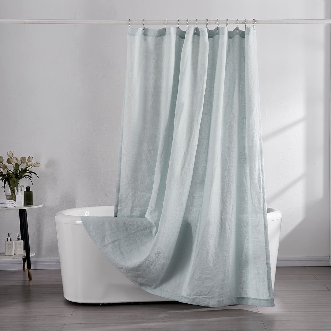 Pale Blue Linen Shower Curtain in Bathroom