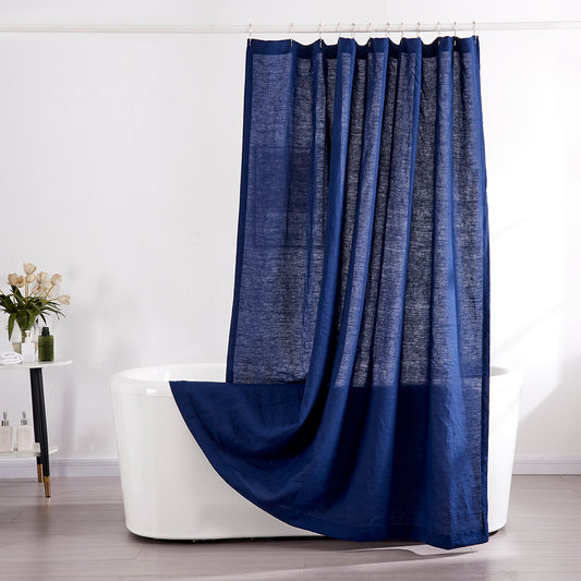 Indigo Blue Linen Shower Curtain in Bathroom