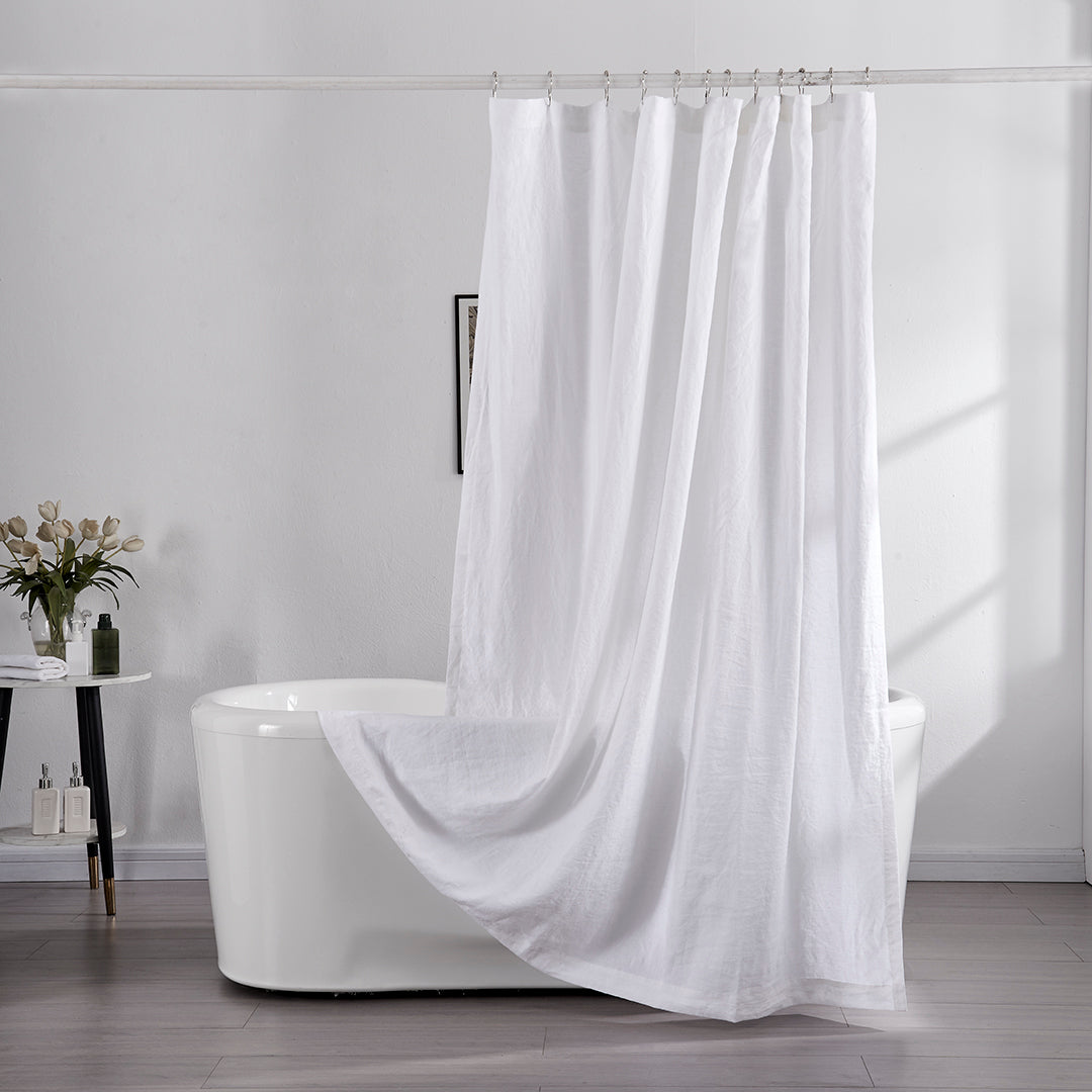 Optic White Linen Shower Curtain in Bathroom