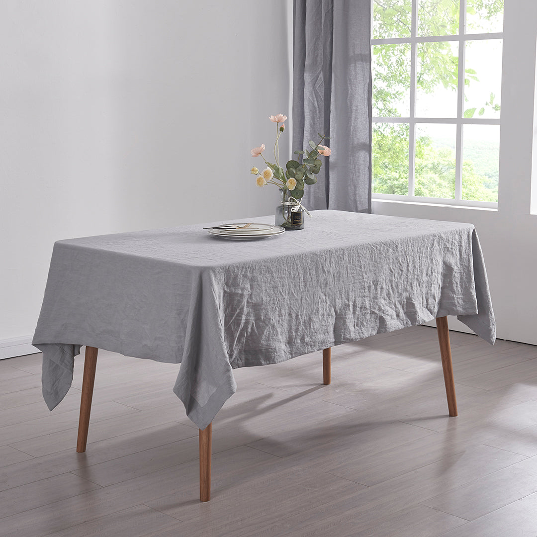 100% Linen Plain Tablecloth in Alloy Gray on Dining Table