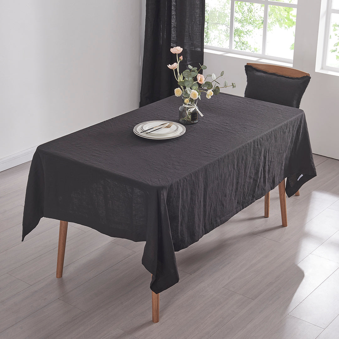 Dining Room with 100% Linen Black Tablecloth