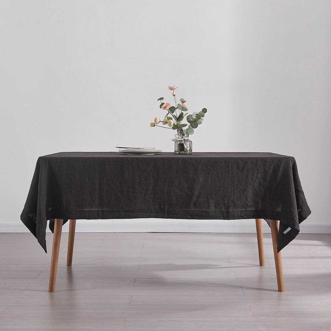 100% Linen Tablecloth in Black on Table