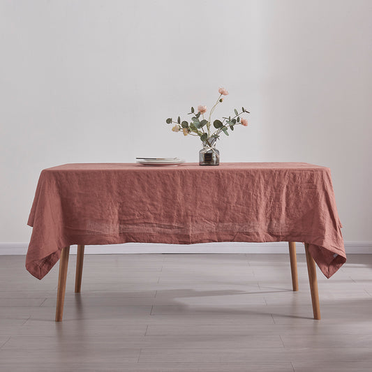 Rust Red Linen Rectangular Tablecloth on Table