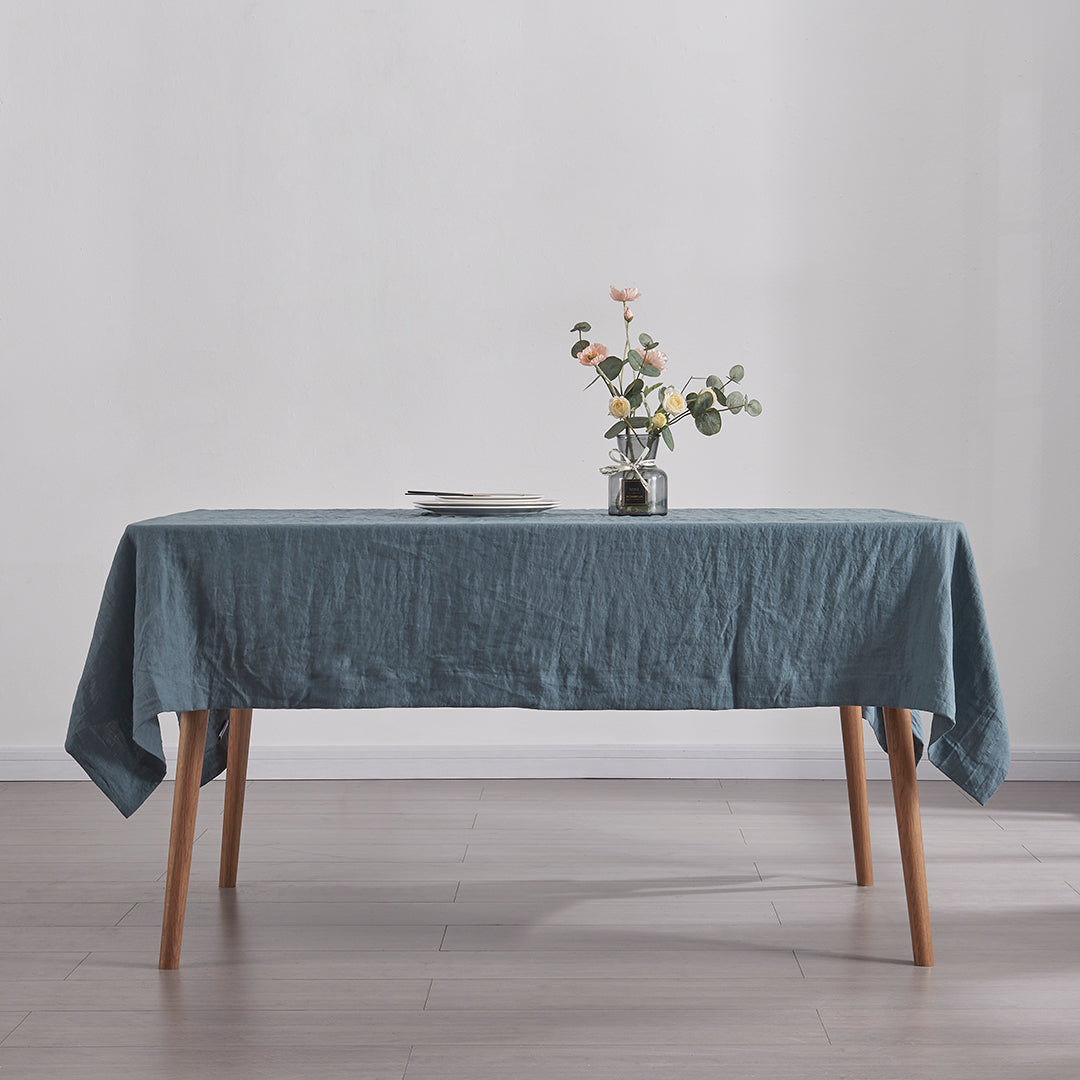 French Blue Linen Tablecloth on Table
