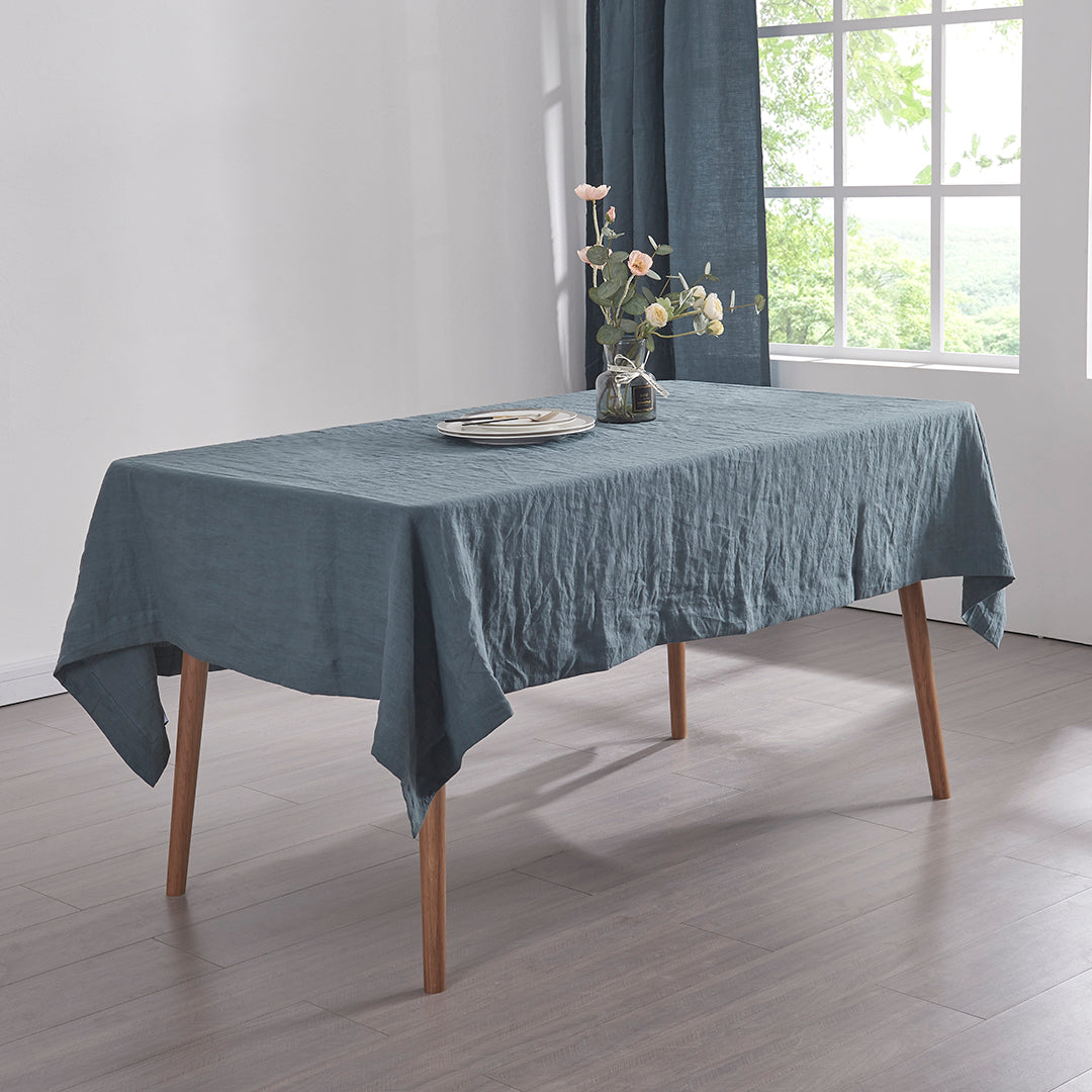 Linen French Blue Plain Tablecloth on Table