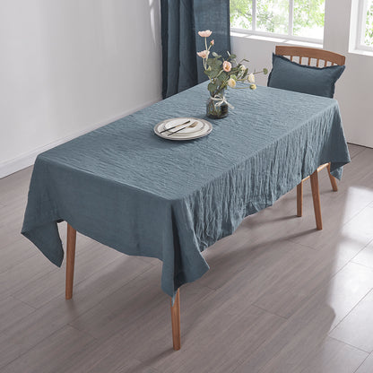 French Blue Linen Rectangle Tablecloth on Table