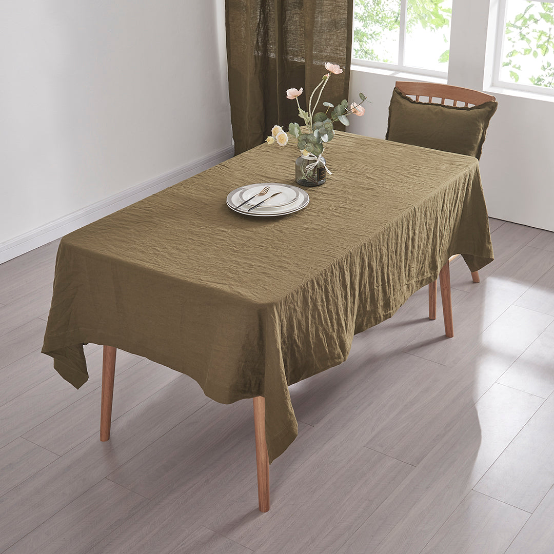 Dining Room with Olive Green Linen Rectangle Tablecloth