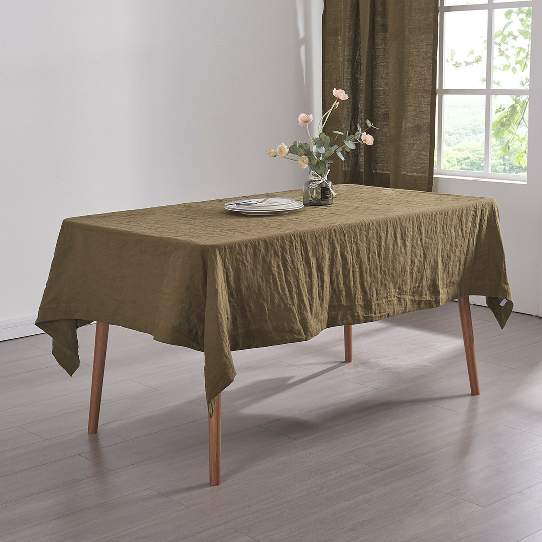 Olive Green Linen Tablecloth in Dining Room 