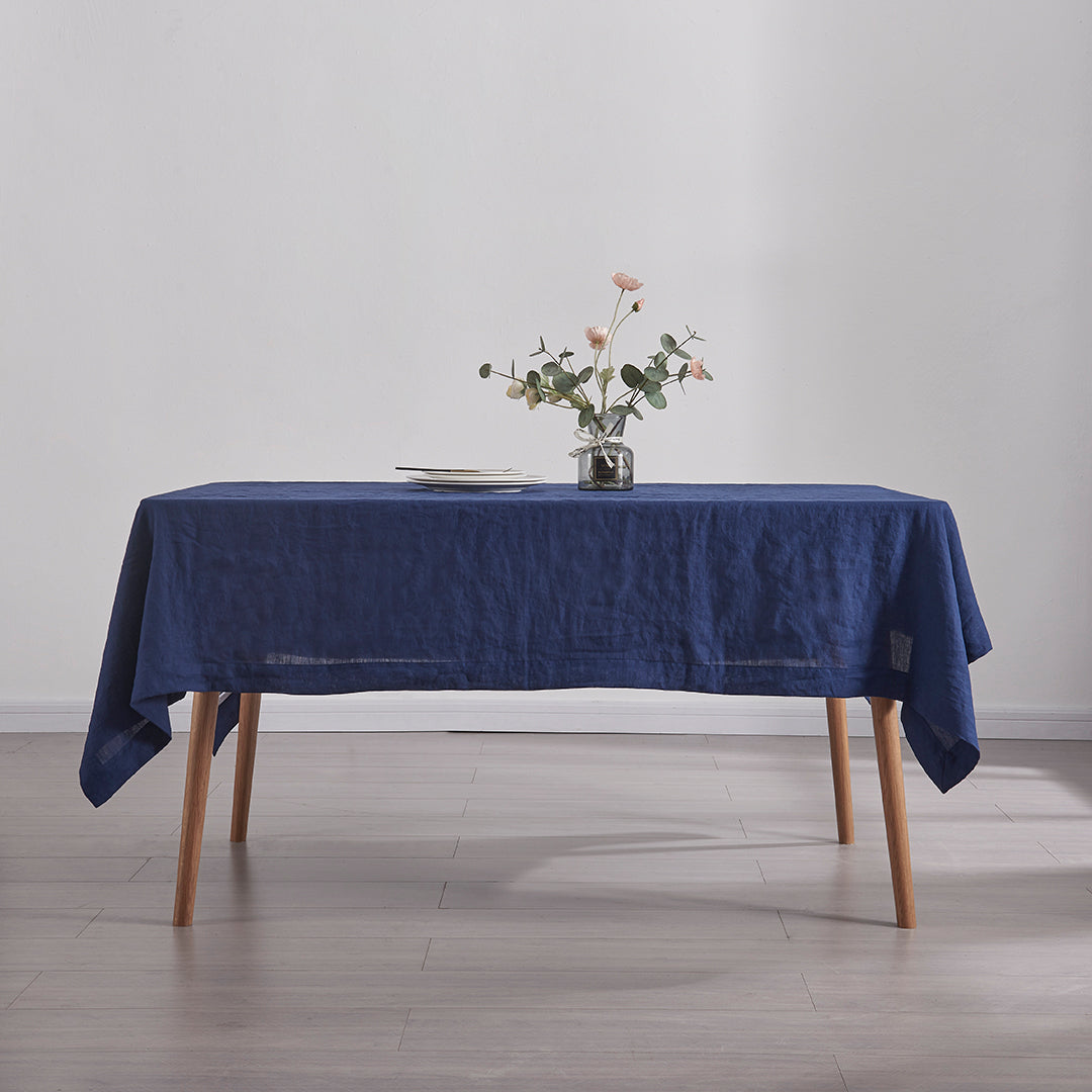 Indigo Blue Linen Tablecloth on Table