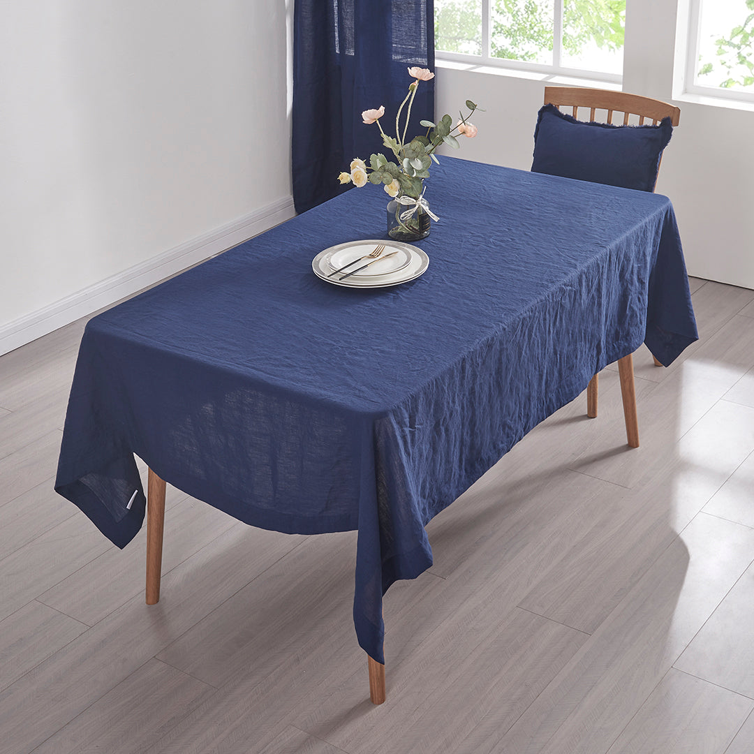 Plain Indigo Blue Linen Tablecloth in Dining Room
