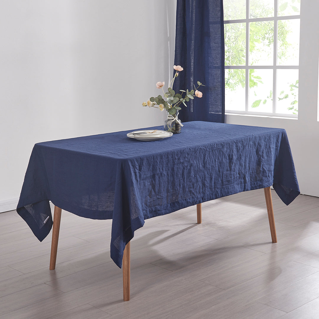 Indigo Blue Linen Rectangle Tablecloth on Table