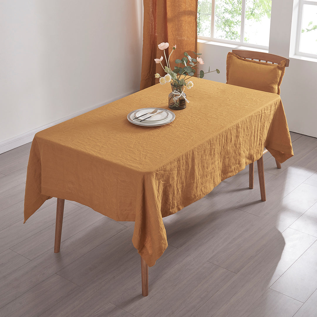 Mustard Yellow Linen Rectangular Tablecloth on Table