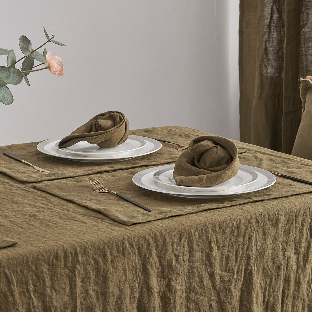 Olive Green Linen Napkin Set on Table