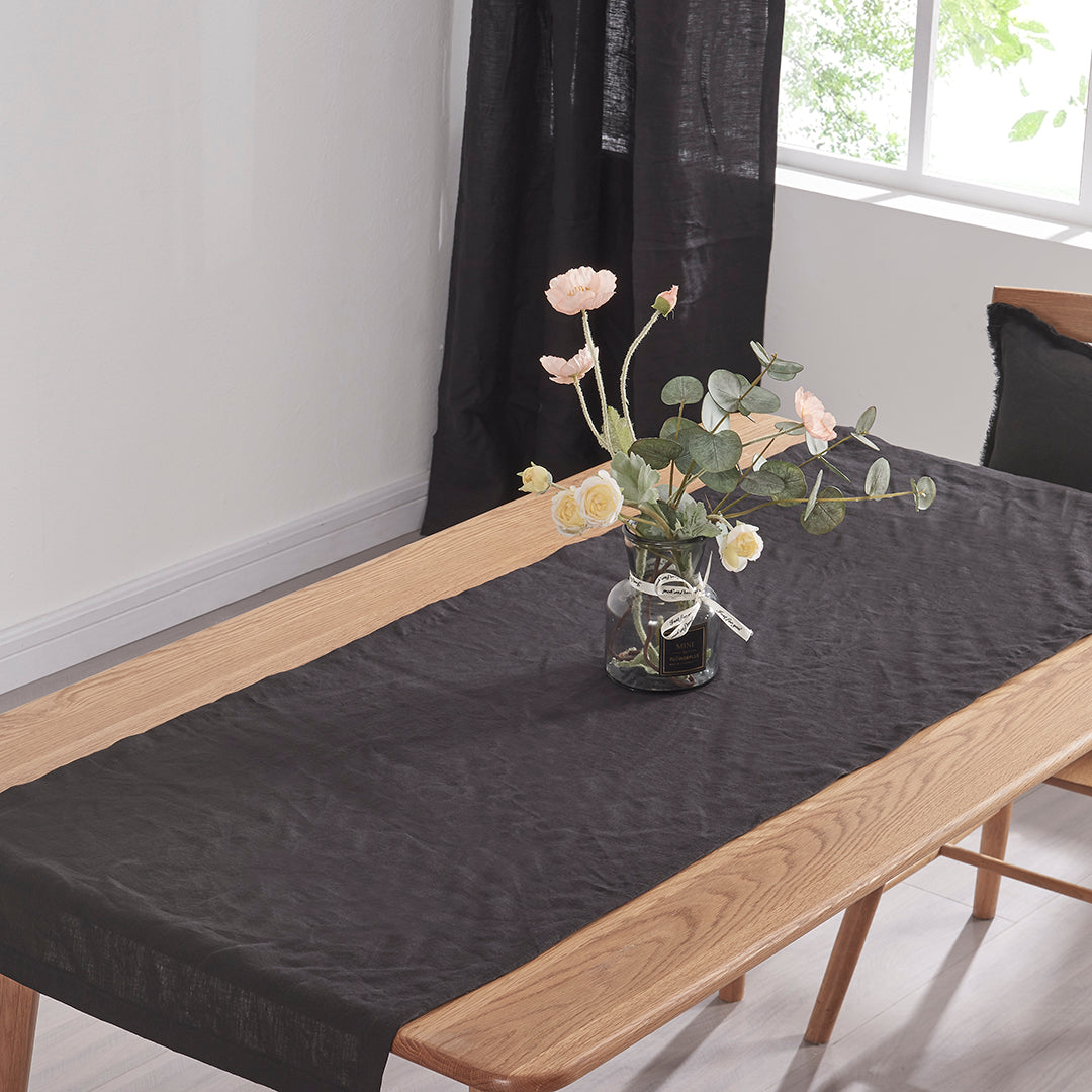 100% Linen Table Runner in Black on Table