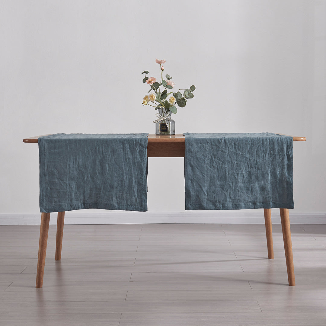 French Blue Linen Table Runners Sideways on Table