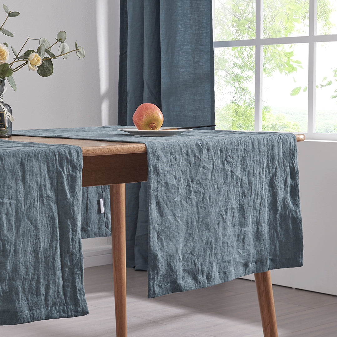 French Blue Linen Table Runners from Side on Table