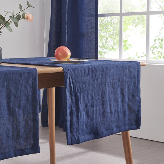 Indigo Blue Linen Table Runner on Wood Dining Table